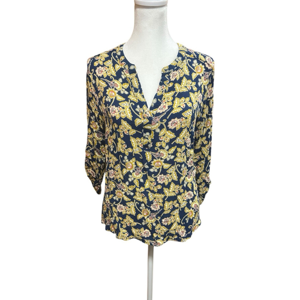 Daniel Rainn Size Small Blouse Top Roll Tab Sleeve Yellow Navy Floral Shirt